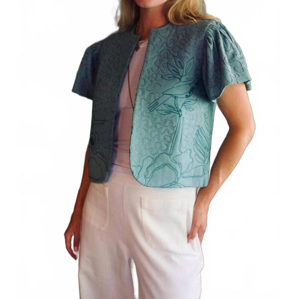 NEW EXVOTO darby reversible embroidery linen vest in mineral blue - Picture 8 of 8